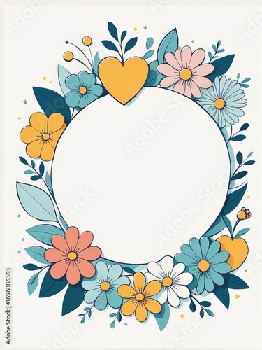 A cheerful floral wreath with a heart symbolizing love or affection, possibly for Mothers Day or Valentines Day