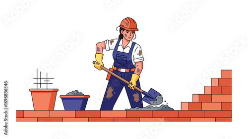Woman Construction Worker: An illustration captures a skilled woman construction worker, meticulously building a brick wall with a shovel, embodying strength and determination in her craft.