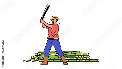 Man Chopping Sugar Cane: Capturing the essence of a skilled individual diligently chopping sugar cane with a machete, symbolizing the manual work involved in harvesting crops.