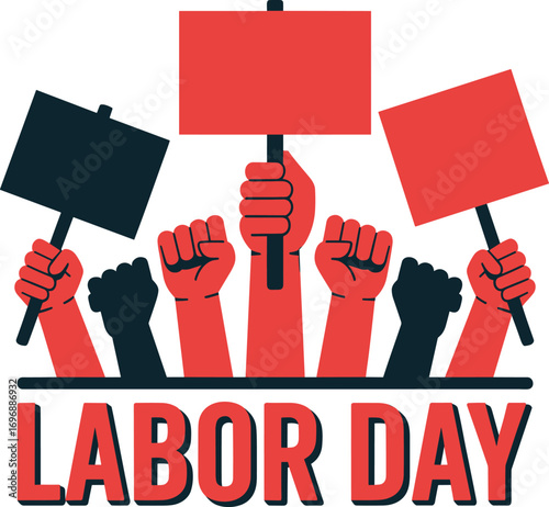 Labor Day protest with fists raised and signs held high