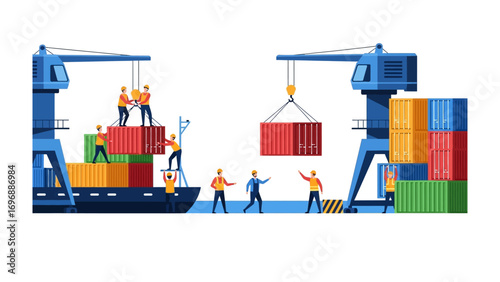 Global Logistics and Shipping: A vibrant illustration depicts a busy shipping port, showcasing the intricate dance of international trade with cargo containers being loaded onto a cargo ship.