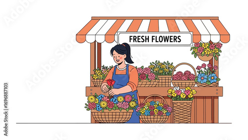 Blooming Business: A cheerful florist meticulously arranges vibrant blooms at an inviting flower stand. The image, rendered with an illustration style, captures the essence of fresh.