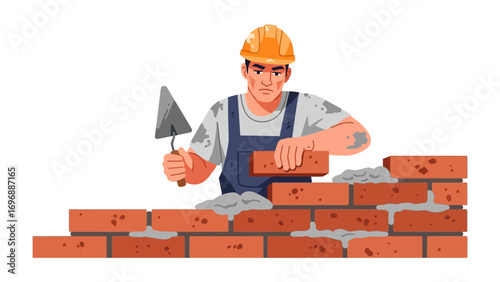 Bricklayer Constructing Wall: A skilled bricklayer meticulously lays brick, constructing a solid, red brick wall with precision and dedication.