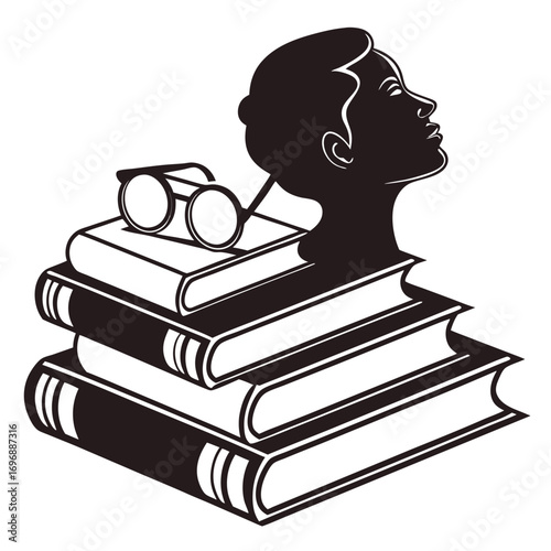 Silhouette of a person's head on a stack of books with glasses pile reading