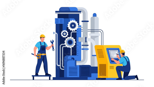 Factory Workers in Action: An illustration depicts two skilled workers diligently maintaining and operating machinery within a factory setting, a testament to industry and labor.
