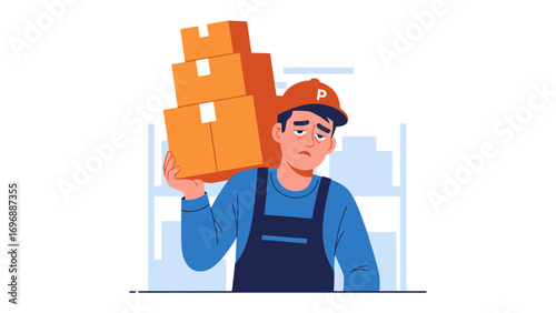 Overburdened Delivery: Illustration of a weary worker struggling under the weight of packages, symbolizing the demands of delivery and logistics