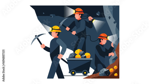 Mining Team in Underground: A team of diligent miners tirelessly work underground, illuminating the darkness with their headlamps as they extract valuable resources from the earth's depths.