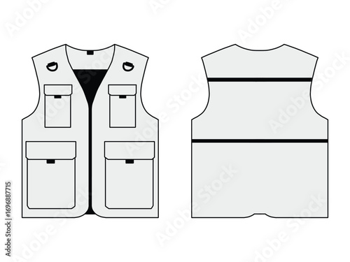 Fishing Vest Vector Template. Front and Back View, Utility Vest Vector Illustration. Hunting and Fishing Vest Vector Apparel Mockup