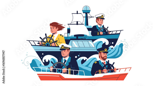 Nautical Team: A team of diverse ship captains navigate the open sea, representing unity and teamwork in the maritime profession, against the backdrop of waves and a boat.