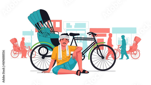 Rickshaw Rider's Rest: A tired rickshaw puller takes a moment of respite besides his bicycle rickshaw, capturing the essence of the culture and daily life.