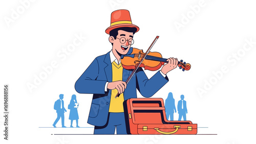 Street Musician's Serenade: An illustration captures a street musician, dressed in a charming outfit, playing the violin with passion, offering a soulful serenade to passersby.