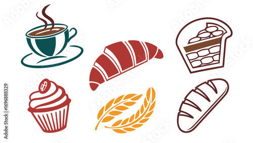 Coffee and bakery shop vector with cup, croissant, bread, cupcake, and cafe icons for restaurant and menu design coffee and bakery shop vector with cup, croissant, bread, cupcake.