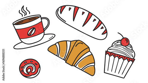 Coffee and bakery shop vector with cup, croissant, bread, cupcake, and cafe icons for restaurant and menu design