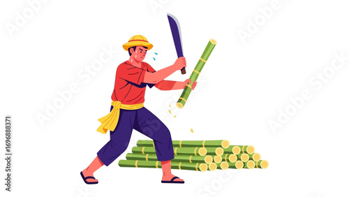 Sugar Cane Cutter: A dedicated worker, diligently wielding a machete, cleaves through sugar cane, illustrating the energy of manual labor. 