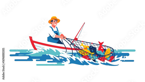 Fisherman at Sea: A depiction of a fisherman, diligently navigating the waves in a small boat, and the reward of his craft, brimming with life, his net laden with a colorful assortment of fish.