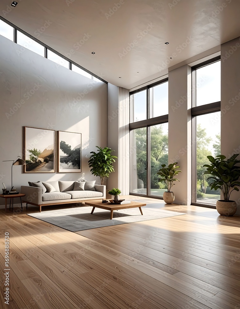 Fototapeta premium A sun-drenched living room boasts high ceilings, expansive windows, and a light-toned wooden floor.