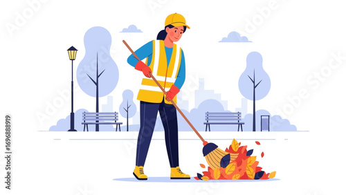 Custodian's Autumnal Serenity: A dedicated custodian, clad in high-visibility attire, meticulously gathers fallen leaves with a broom. This illustrates a commitment to public space maintenance.