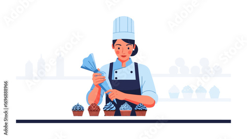 Artisan's touch on sweets: A skilled pastry chef delicately adorns delectable cupcakes with exquisite frosting