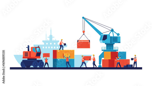 Global Trade Dynamics: A vivid vector illustration captures the bustle of international trade, showcasing dockworkers meticulously handling cargo containers in a busy port environment.