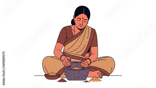 Traditional Grinding: An illustration of a lady skillfully grinding spices. A depiction of the practice, symbolizing culinary traditions, food preparation, and cultural heritage.