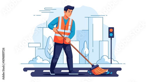 Urban Cleanup: A city worker diligently sweeps a road, the scene highlighting environmental responsibility, urban maintenance, and civic pride in an artistic illustration.