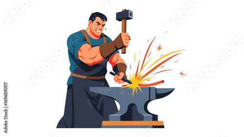 Artisan at Work: A muscular artisan expertly forges metal with a hammer and anvil, showcasing his skill and dedication. This illustration embodies the spirit of craftsmanship.