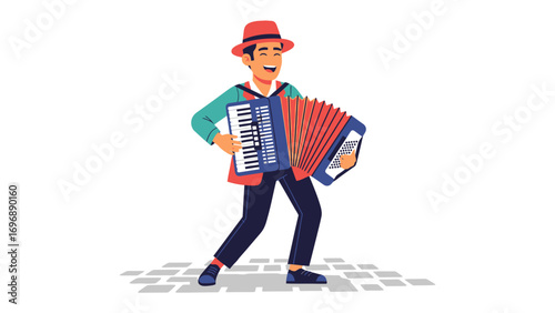 Accordion Player: A joyous musician, clad in a fedora, pours their heart into a passionate accordion performance, dancing to the rhythm of their own melody.