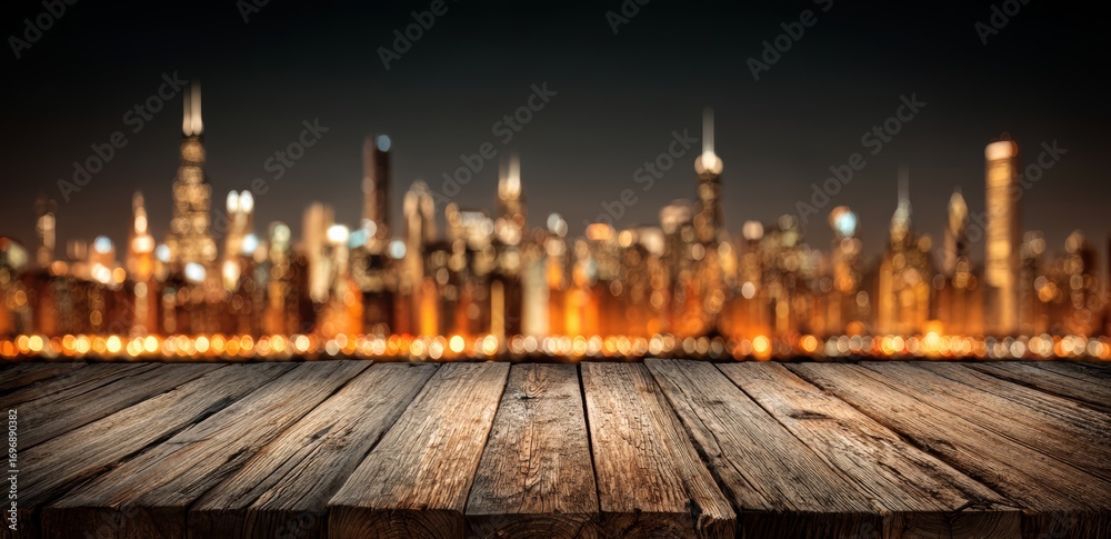 Fototapeta premium Wooden table with a city skyline in the background. The cityscape is blurred, giving the impression of a peaceful
