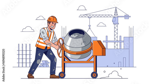 Construction Site: A determined construction worker diligently operates a cement mixer against the backdrop of an ongoing construction site, embodying the essence of industry and labor.