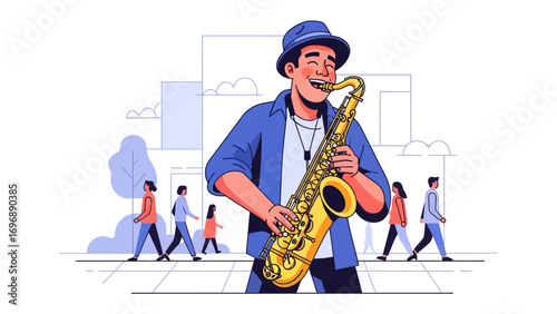 Jazz Musician's Melodic Serenade: A stylish musician, his fingers dancing across the keys, plays a saxophone. His performance brings the joy and the soul of the city.