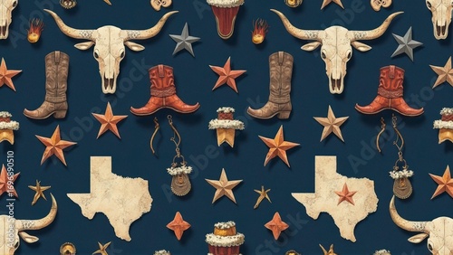Rustic cowboy theme with bull skulls, star motifs, leather boots, and vintage Texas map illustrations on an elegant blue background