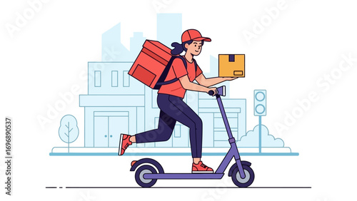 Speedy Delivery Courier on Scooter: A young courier swiftly navigates city streets on a scooter, ensuring prompt package delivery. Delivering packages quickly, efficient and reliable service.