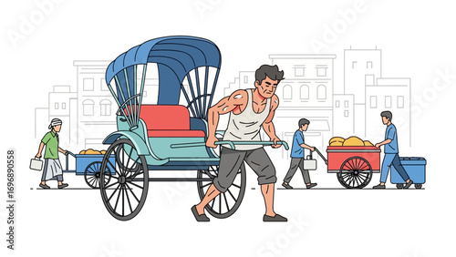 Rickshaw Hustle: A muscular individual strains to pull a brightly colored rickshaw, while other figures navigate bustling street scenes, embodying the energy and movement of a dynamic cityscape.