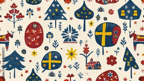 Colorful Scandinavian Folk Art Pattern with Trees, Flowers, and Animals in Red, Blue, and Yellow on a Cream Background