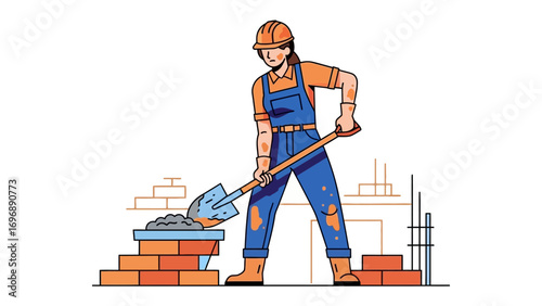 Bricklayer at Work: A construction worker skillfully shovels mortar onto a brick arrangement, a depiction of diligence and the building trade.