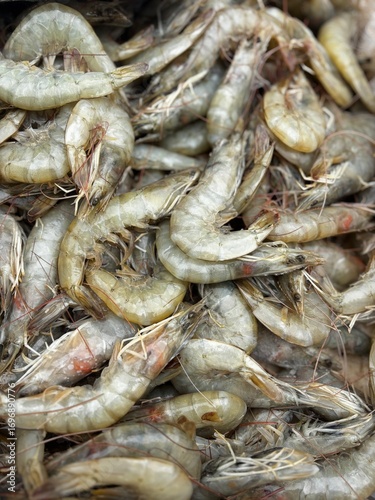 Fresh big-sized chemmeen prawns displayed for sale, raw seafood with natural texture and vibrant detail, perfect for concepts of fish market, marine food, and healthy protein.