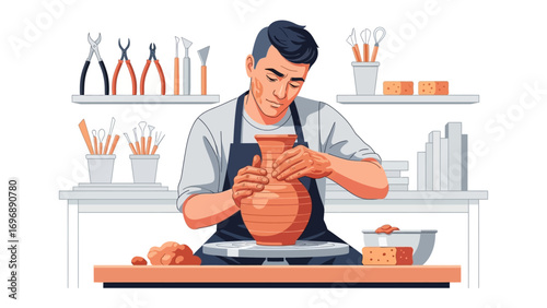 Crafting Legacy: An artist at work, shaping a clay masterpiece with expert precision in a studio, surrounded by the tools of his trade.
