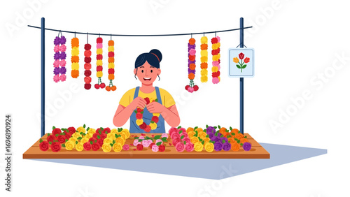 Flower Market Scene: A flower seller at a stall showcasing colorful flowers and garlands, conveying the charm of a local market and the vibrant beauty of blossoms. 
