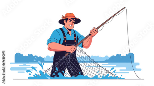 Fisherman and Net: A fisherman, skillfully casting his net, is depicted in a dynamic illustration, the water's embrace accentuating the pursuit of aquatic life and adventure. 