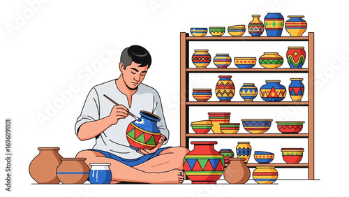 Crafting Clay: A skilled artisan meticulously paints an earthenware pot, surrounded by a display of colorful, handcrafted pottery, capturing the beauty of traditional craftsmanship.
