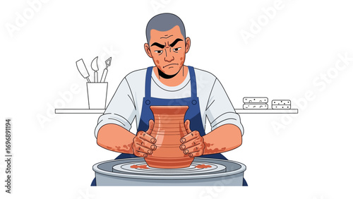 Crafting with clay: A focused craftsman diligently molds a clay pot on a spinning wheel, showcasing the beauty of ceramics. 