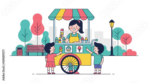 Sweet Treats and Sunny Smiles: A vibrant illustration captures the joyful moment of children purchasing delicious ice cream from a friendly vendor in a cheerful park setting. 