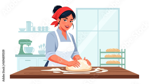 Crafting Dough: A woman wearing a red bandana kneads dough at a wooden table in a clean, well-lit kitchen, focused on preparing culinary creation.