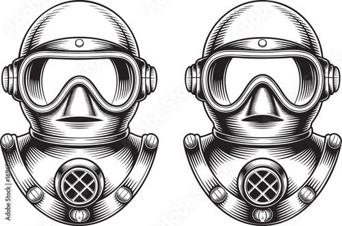 Vintage Engraving Style Diving Mask Vector Illustration Set Isolated on Transparent Background