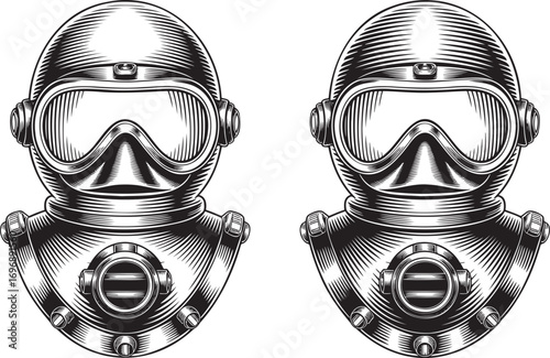 Vintage Engraving Style Diving Mask Vector Illustration Set Isolated on Transparent Background