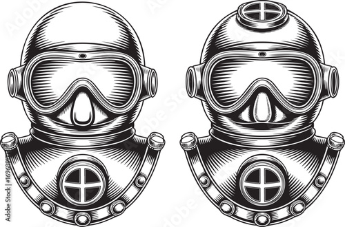 Vintage Engraving Style Diving Mask Vector Illustration Set Isolated on Transparent Background