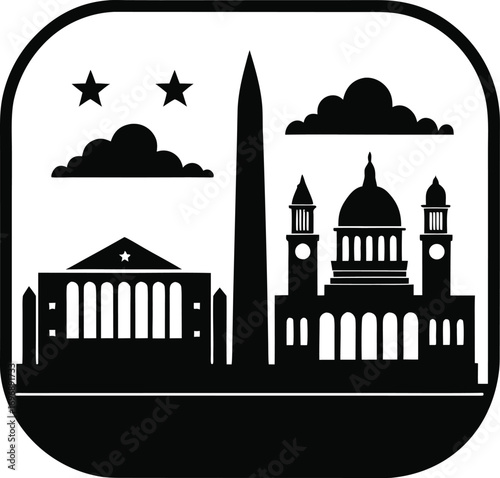 Iconic Black and White Silhouette of Washington DC Monuments Under Two Stars and Clouds in a Framed Background