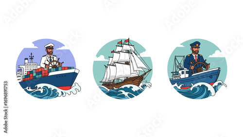 A Trio of Maritime Icons: Three distinct illustrations showcasing seafaring vessels, each helmed by a skilled captain, representing diverse maritime navigation and history. 