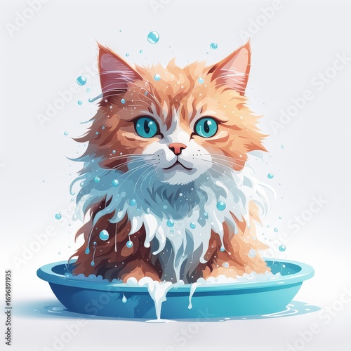 A fluffy orange cat enjoying a bath in blue water with bubbles and foam