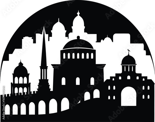 Dramatic Silhouette of a Historic Cityscape Dominated by Domes and Arches against a Stark White Background Creating a Timeless Architectural Display